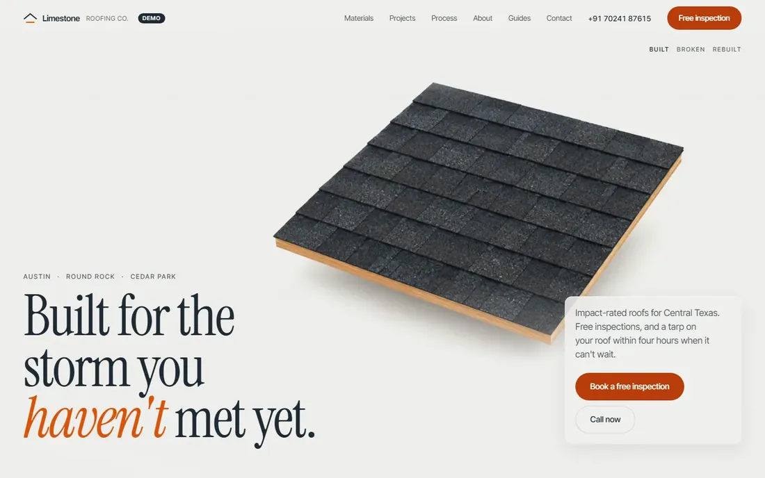 Desktop screenshot of the Limestone Roofing demo homepage: a shingle roof section, the headline Built for the storm you haven't met yet, and a free inspection button